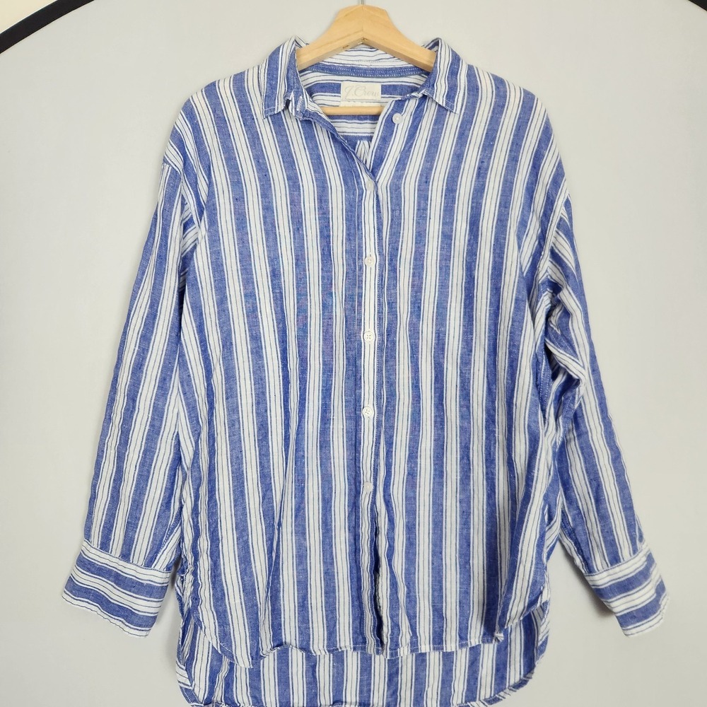 J. Crew Baird McNutt Irish 100% Linen Relaxed Stripe Button Up Shirt Blue Size 8